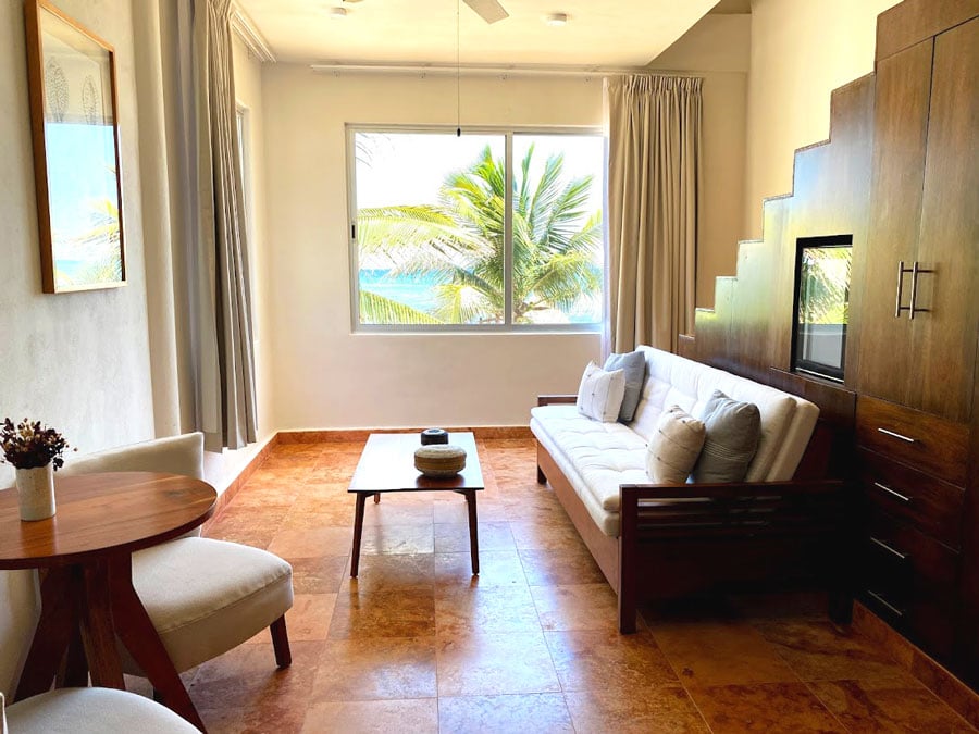 The living room in Mereva Hotel with an ocean view
