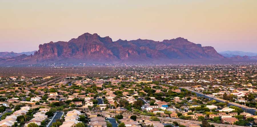 The Superstition Mountains during sunset in Mesa