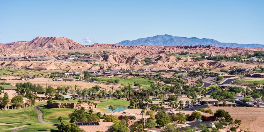 Aerial view of Mesquite nestled in a valley in Nevada
