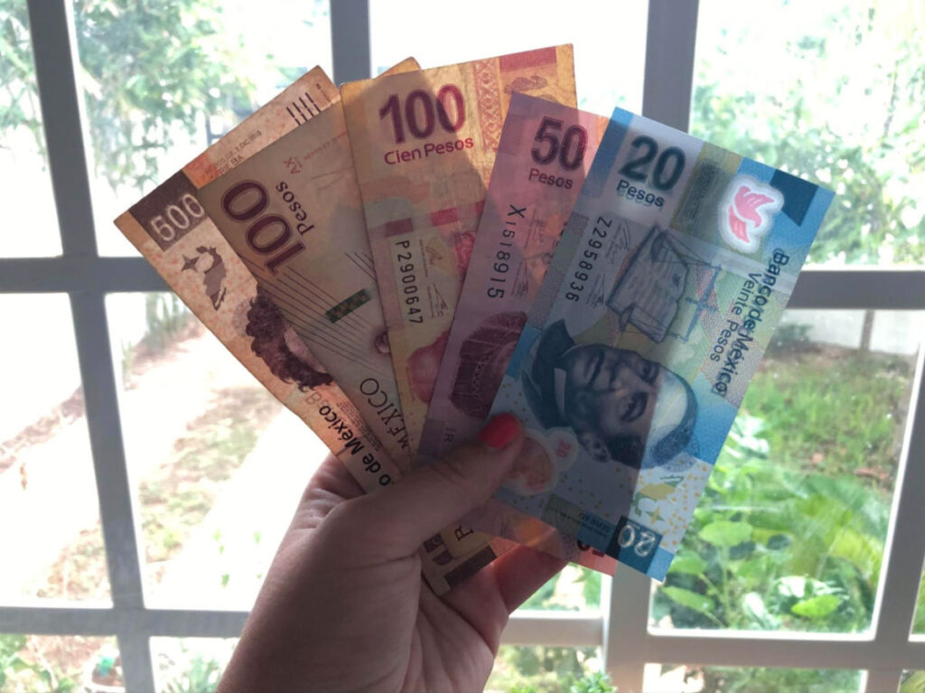 A person holding Mexican pesos
