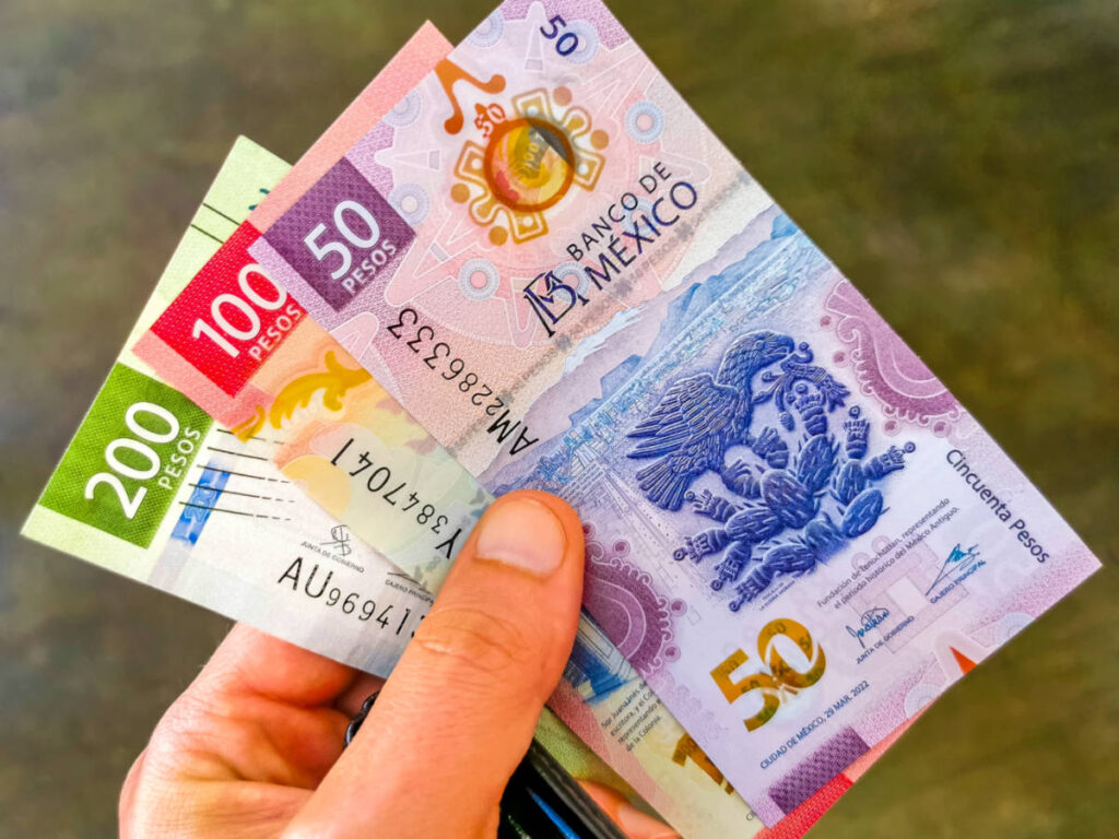 Mexican peso bills in hand