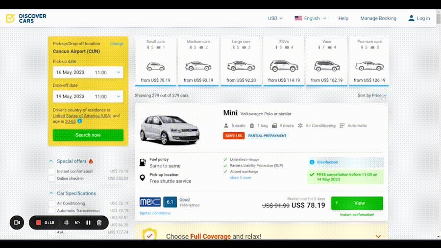 A Mexico Car Rental Search on Discover Cars, sorting by supplier rating