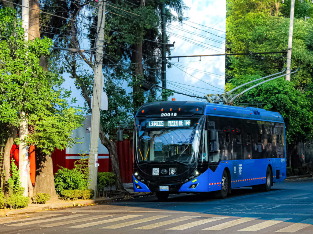A blue bus stopping before the pedestrian lane
