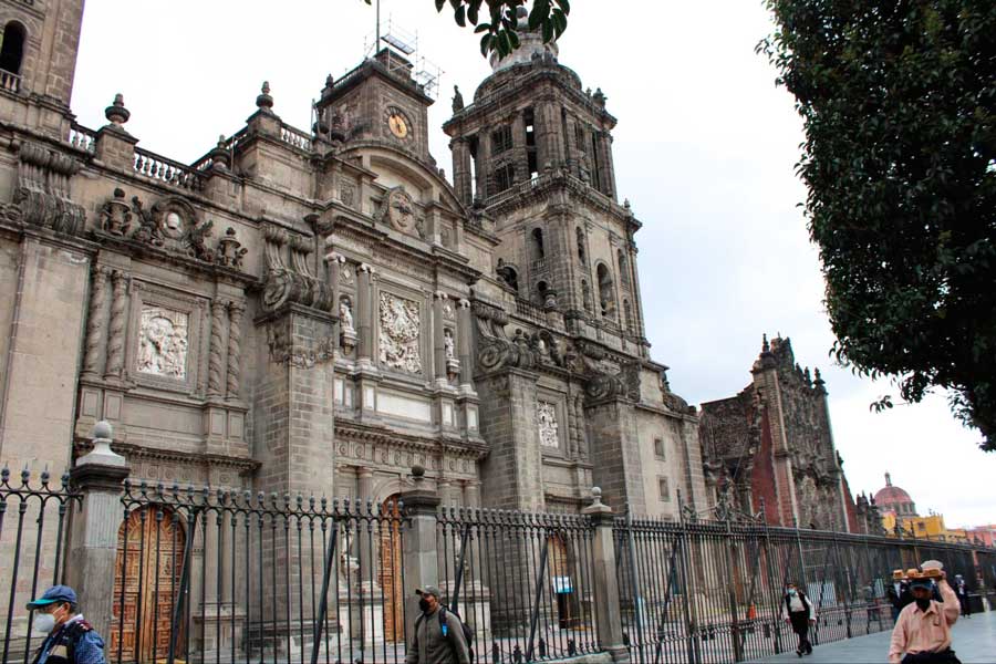 View of the Mexico City's Metropolitan Cathedral and people passing by to it