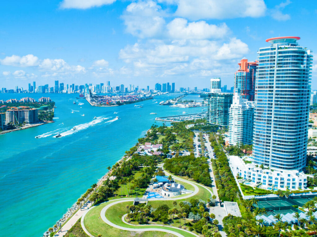 Aerial view of the Miami skyline and park