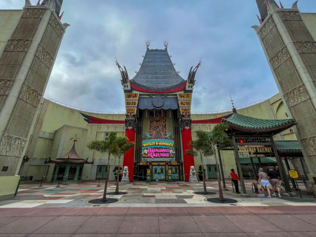 Front view of the Mickey & Minnie’s Runaway Railway at Chinese Theater building
