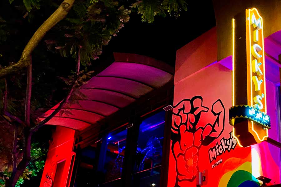 View of the entrance to Micky’s West Hollywood and its signage outside