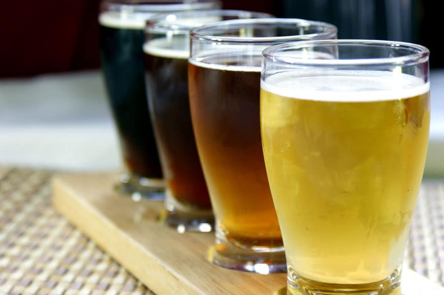 View of different craft beer sampler on a table