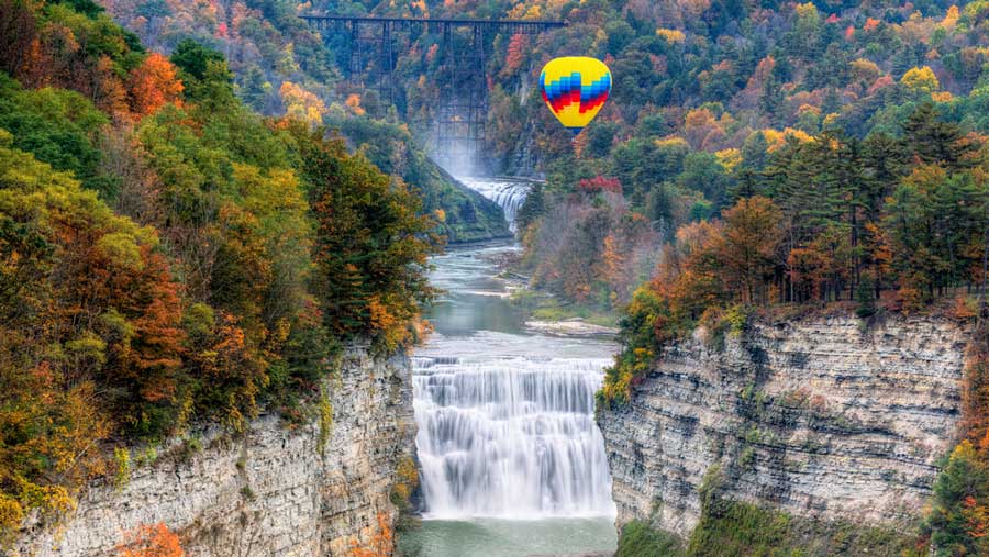 Colorful hot air balloon over the Middle Falls