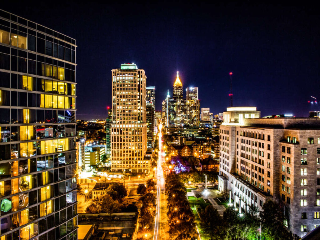 View of the city lights from the building in Midtown Atlanta at night