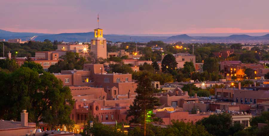 Overlooking view of Midtown Santa Fe under the colorful sky