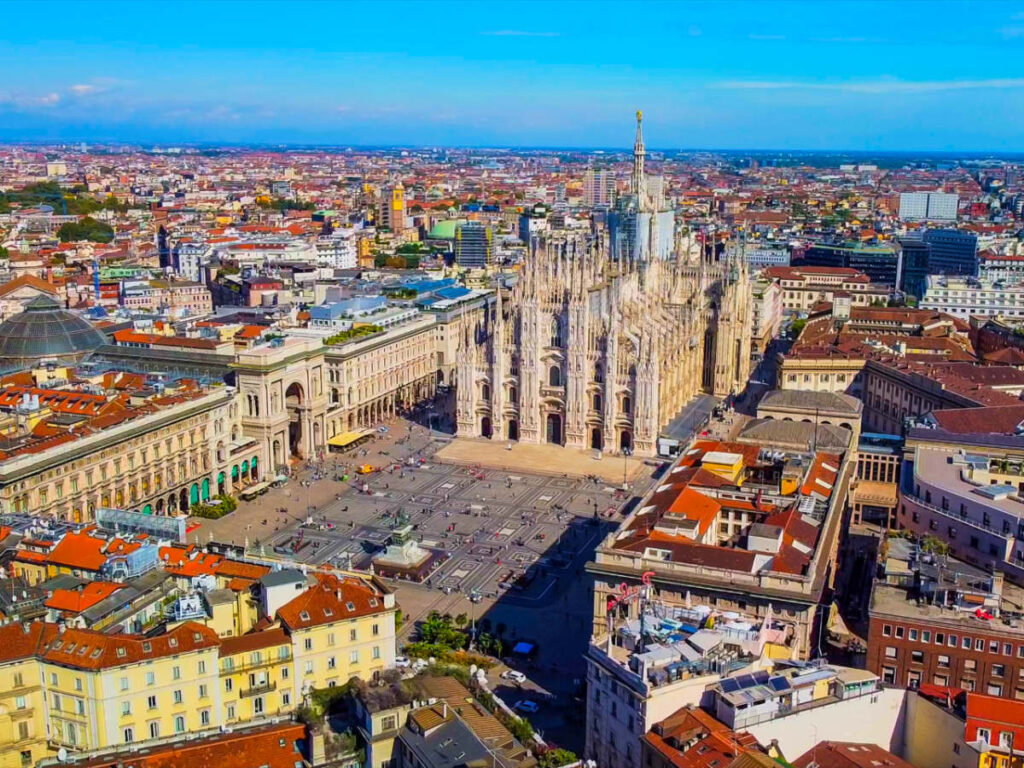 Aerial view of Piazza Duomo in front of the gothic cathedral in the center