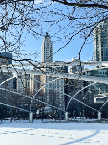 View of the Chicago skyline and Millennium Park in winter