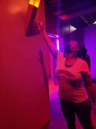 The author, Yvette Griffith reaching the Minecraft torch at the Liberty Science Center