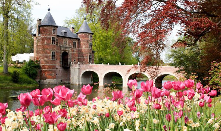 View of the Groot-Bijgaarden Castle and some colorful flowers