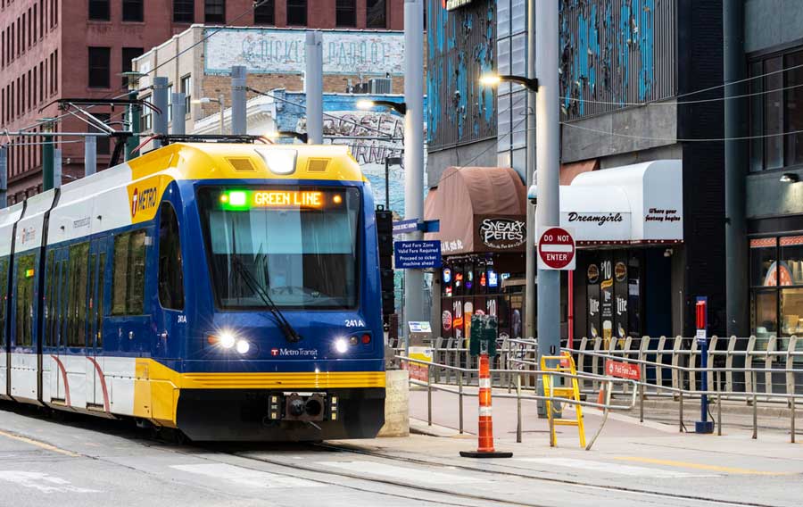 A light rail train in Minneapolis