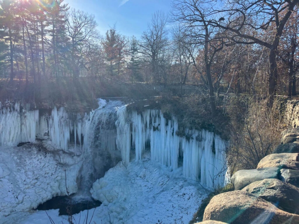 View of the frozen Minnehaha Falls in December