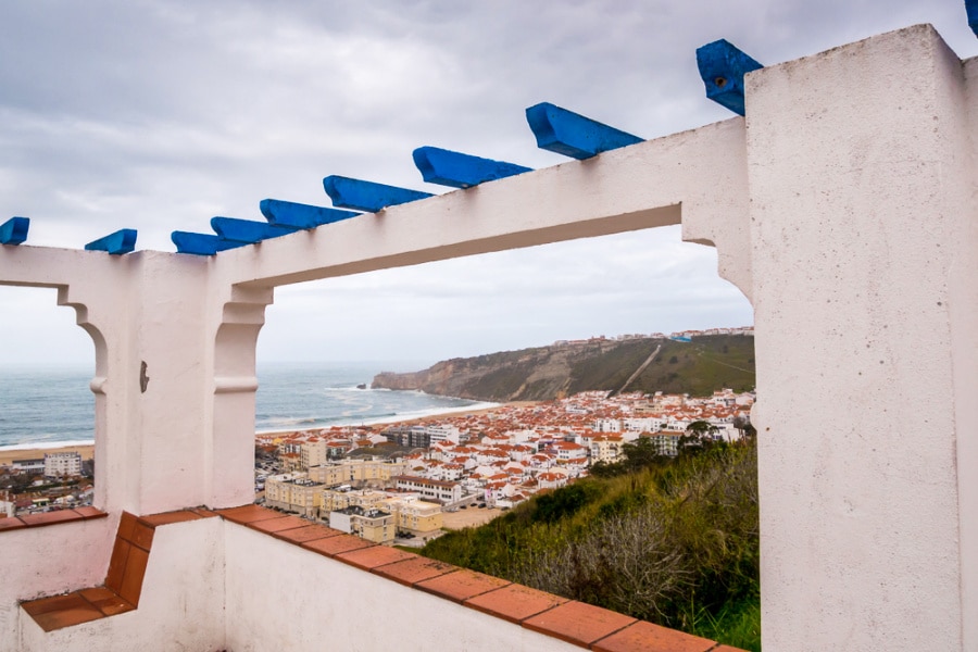 Aerial view of downtown Nazare and the ocean from Miradouro da Pederneira