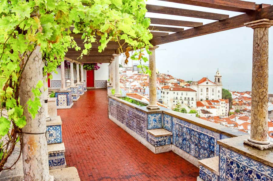 Scenic view of the Alfama district from the tiled viewing point of Miradouro de Santa Luzia