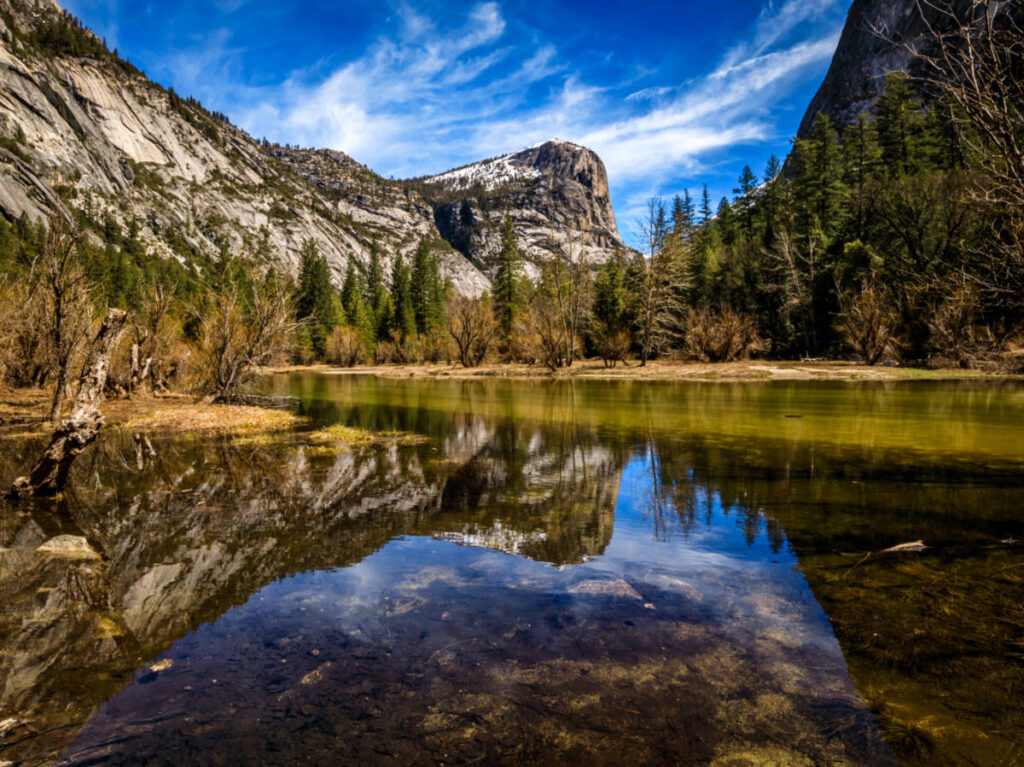 Scenic view of the mountain mirroring on the lake in Yosemite