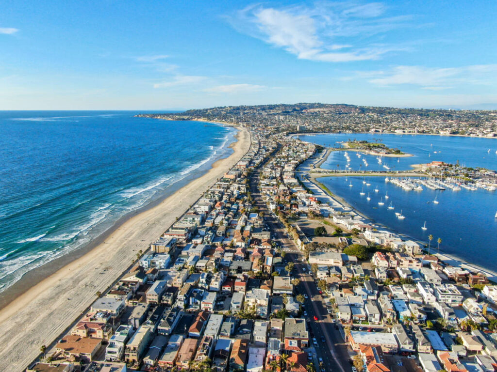 Aerial view of the neighborhood on a sandbar at Mission Beach