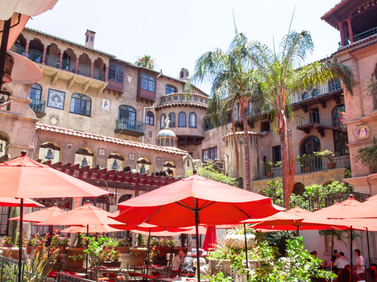 View of the umbrellas on the table at the courtyard of Mission Inn