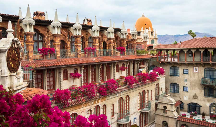 The Mission Inn Hotel and Spa with beautiful flowers in California