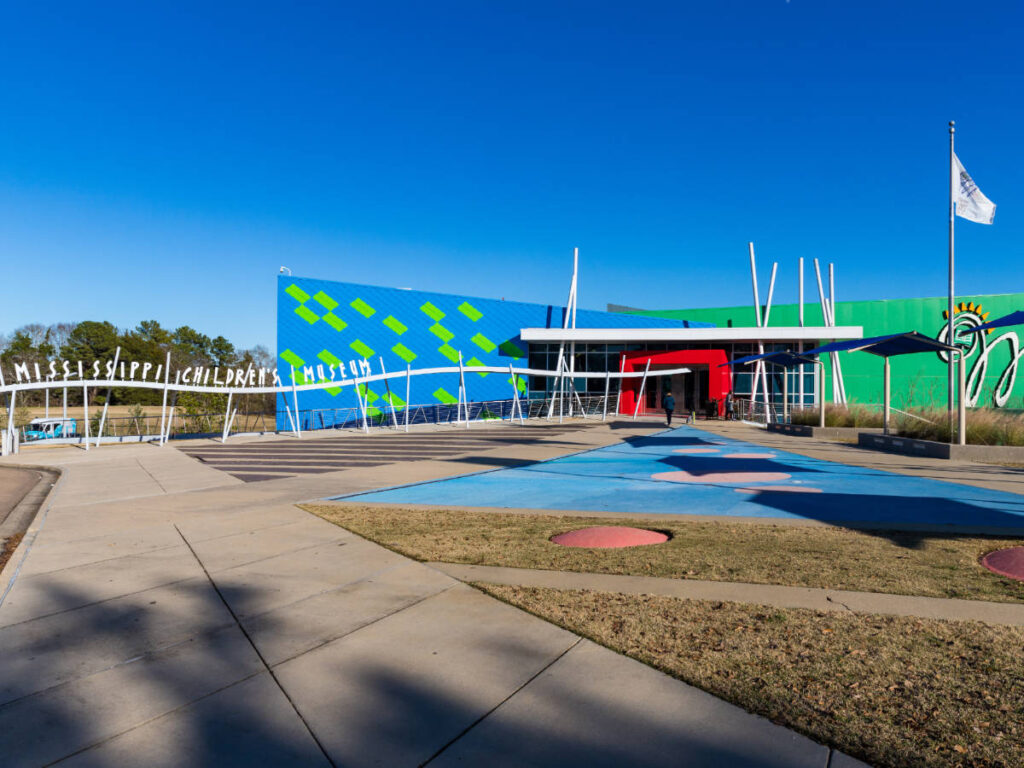 Clear blue sky over the colorful building of Mississippi Children’s Museum
