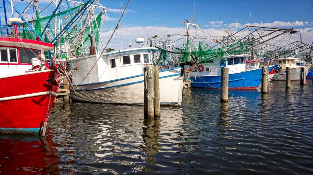 View of colorful fishing boats in the Mississippi Gulf Coast