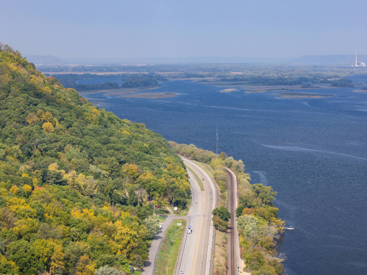 Aerial view of the Great River Road and the Mississippi River