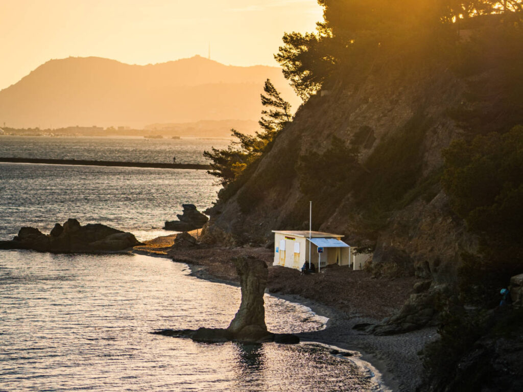 View of Mitre Beach in Toulon during sunset