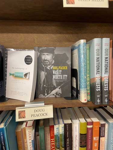 View of books on a bookshelf in Moab Bookstore