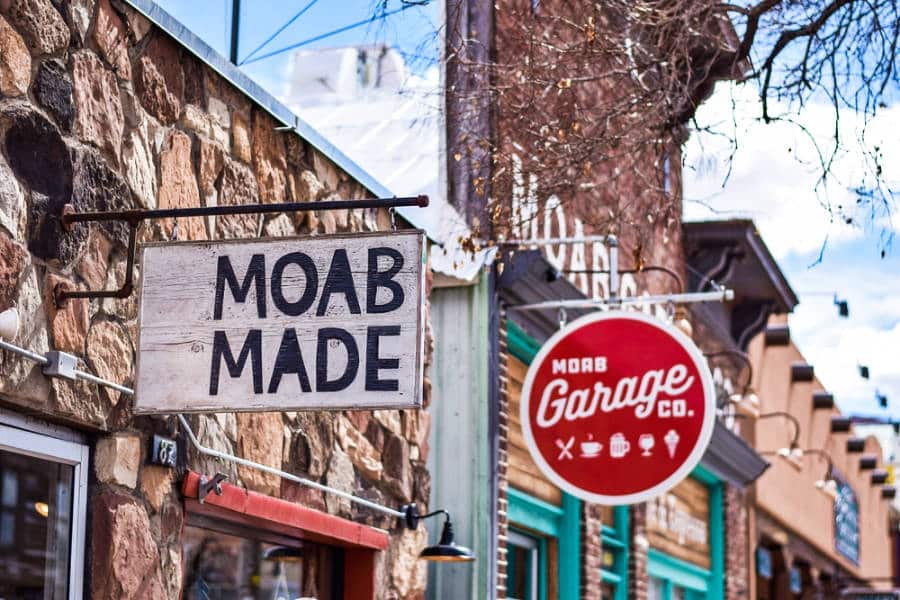 View of the signages of Moab Made shop and Moab Garage Co. in Utah