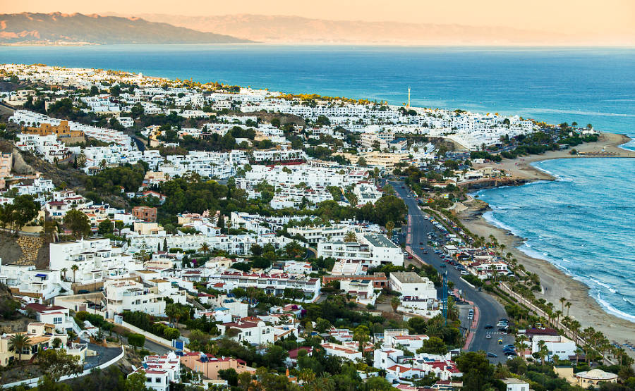 Aerial view of the white village with a coastal view in the Sierra Cabrera Mountain range