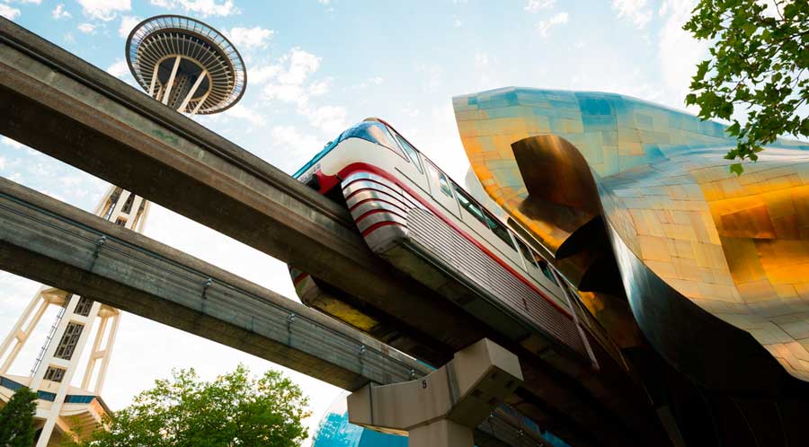 View of a monorail and the Space Needle in Seattle