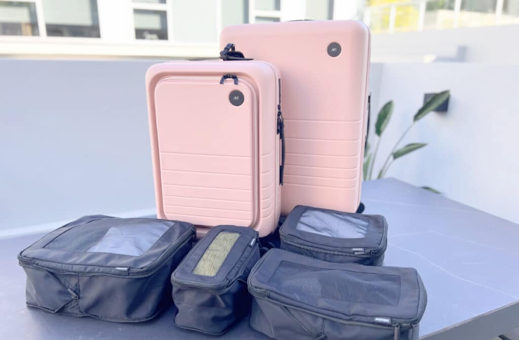 The Monos Luggage with the Monos compressible packing cubes