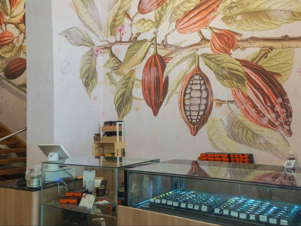View of a huge mural inside the store of Montadero Chocolate