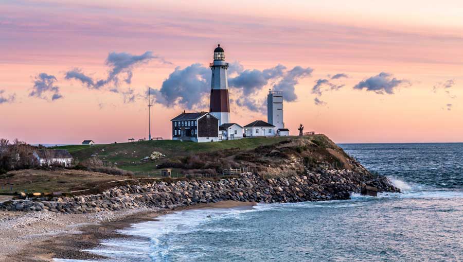 View of the Montauk Lighthouse in New York during sunset