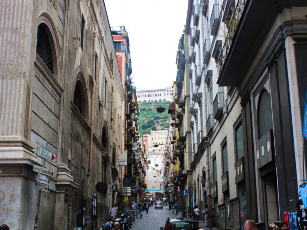 View of the busy and narrow street of Montecalvario district