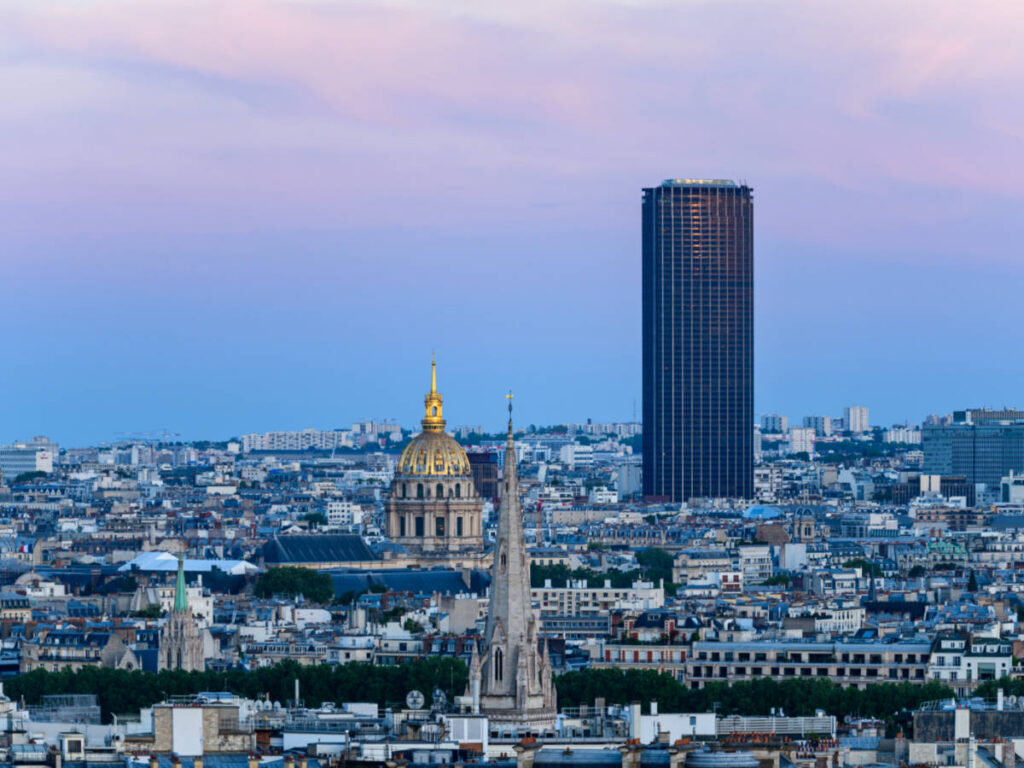 View of the Montparnasse Tower, cathedral, and the skyline of Paris
