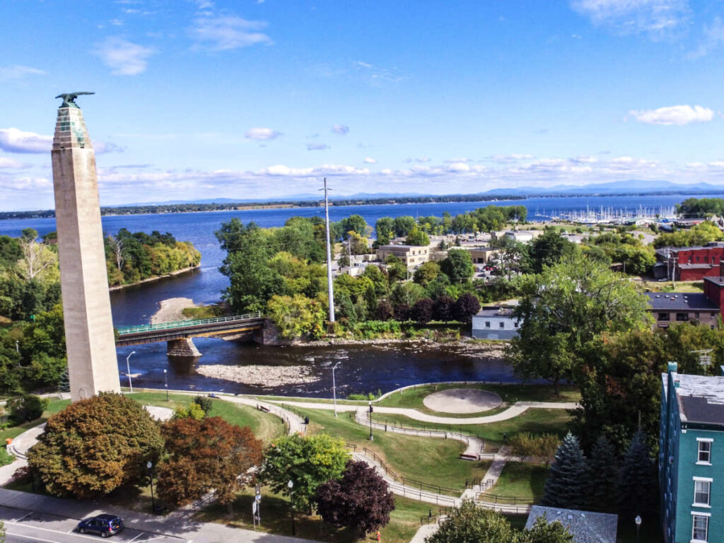 Aerial view of the Macdonough Monument and the town of Plattsburgh