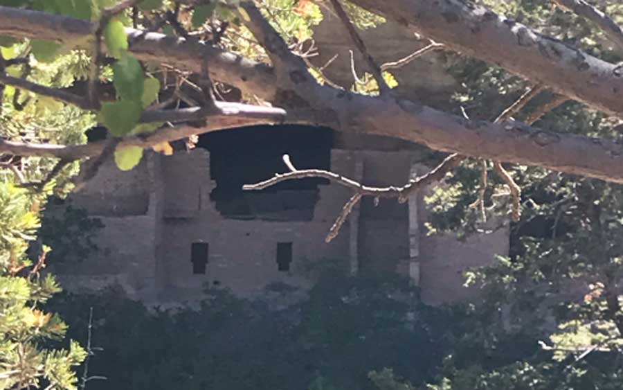 View of the cliff dwellings at Mesa Verde from afar