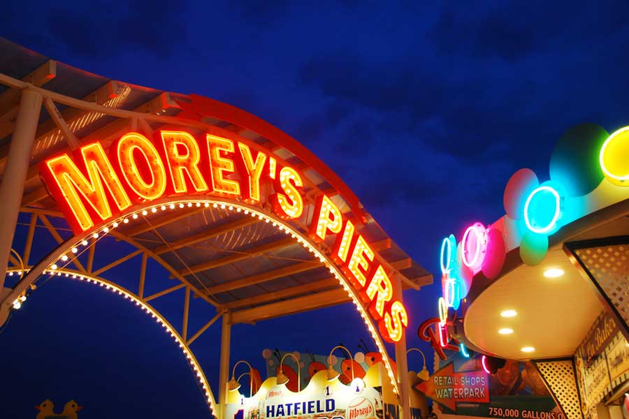 View of the Morey's Piers sign on the entrance