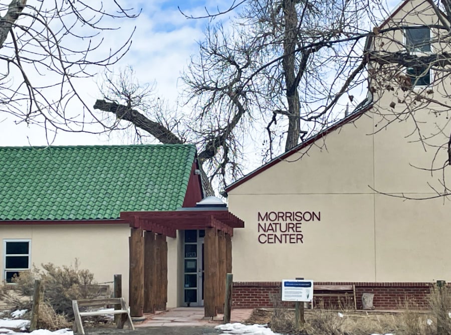 Exterior and entrance view of Morrison Nature Center in winter
