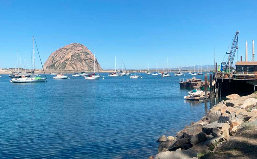 The Morro Rock from Morro Bay and the clear blue sky over it