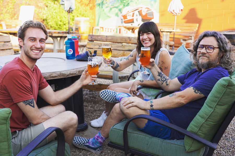A group of friends in the beer garden at MotoSonora