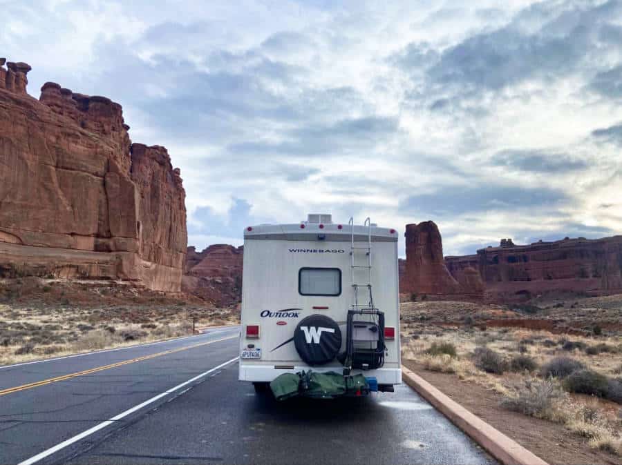 A motorhome along the highway with scenic views