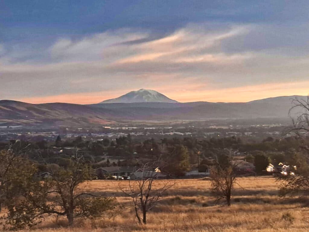 Sunset view of Mount Adams from a distance