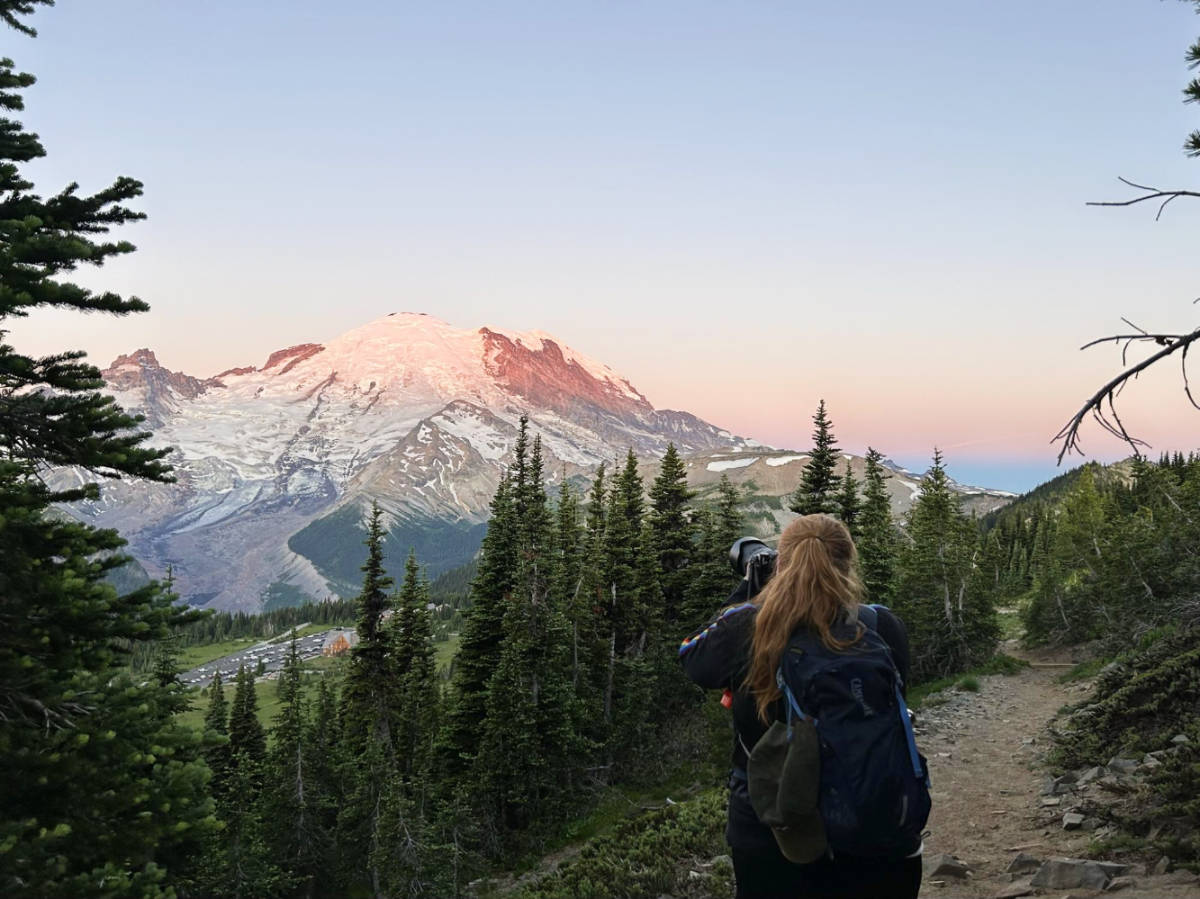Colorful sunrise during the early morning hike at Mount Rainier National Park