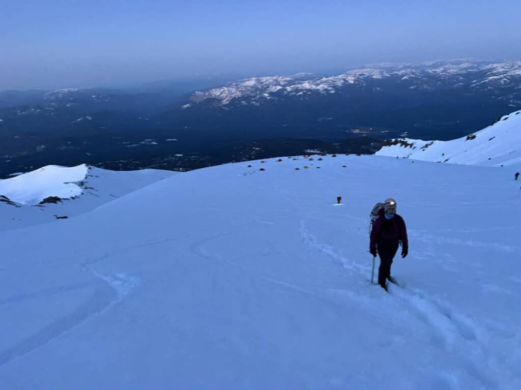 The author, McKenna Mobley during her trekking trip in Mount Shasta before sunrise